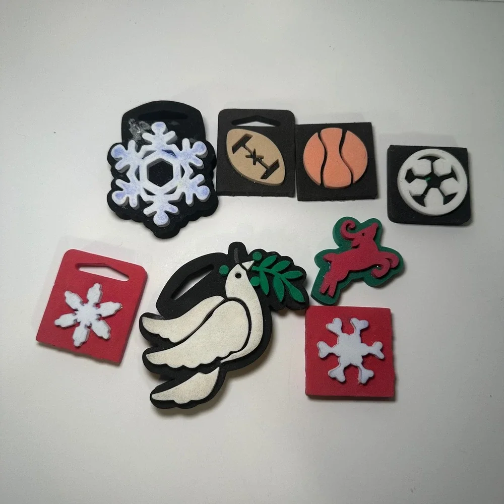 Lot of 8 Foam Rubber Stamps Holiday Snowflakes Reindeer Dove Sports Themes